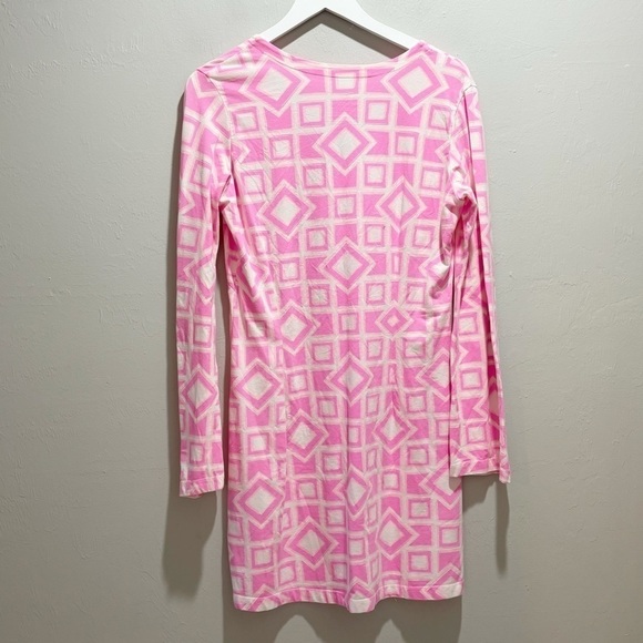 MAHI GOLD Women’s Pink Geometric Print Long Bell Sleeve V-Neck Dress Size Large - Picture 2 of 5